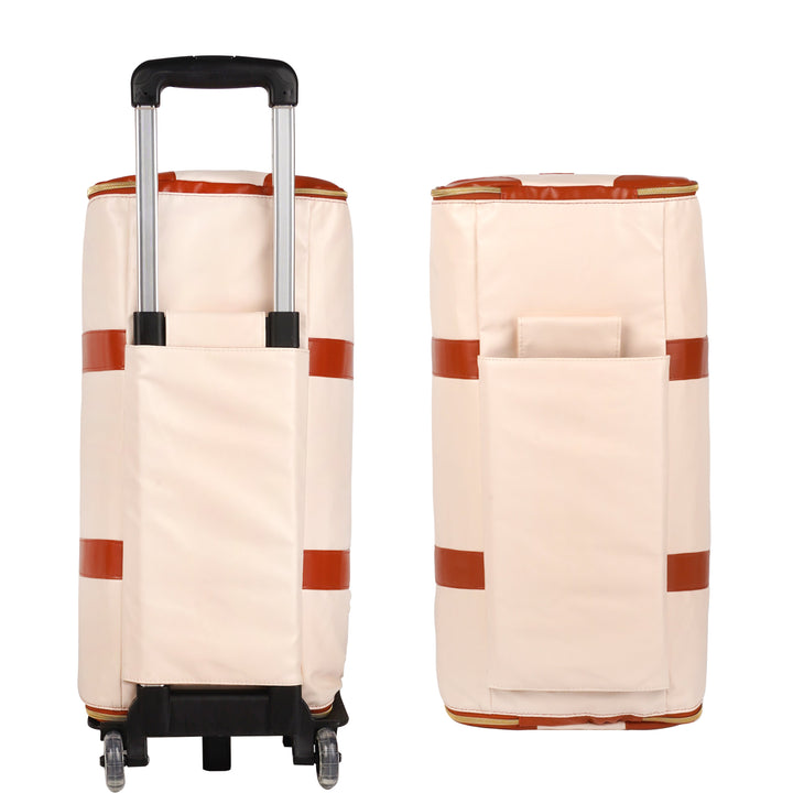 Compact foldable travel duffel bag on wheels, easy to store when not in use.