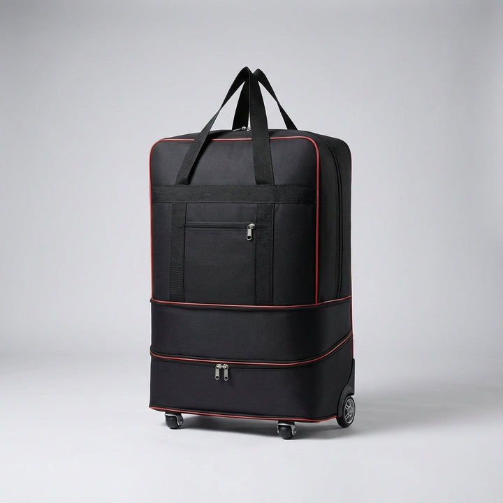 Compact unisex foldable rolling duffel bag on wheels, ideal for weekend trips, travel gear & airport friendly carry-on.