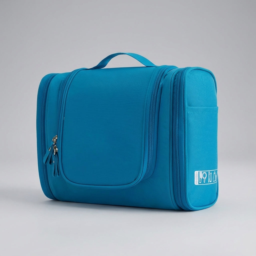 Multi-compartment travel toiletry bag with hook, great for organizing cosmetics, shampoo, and essentials.