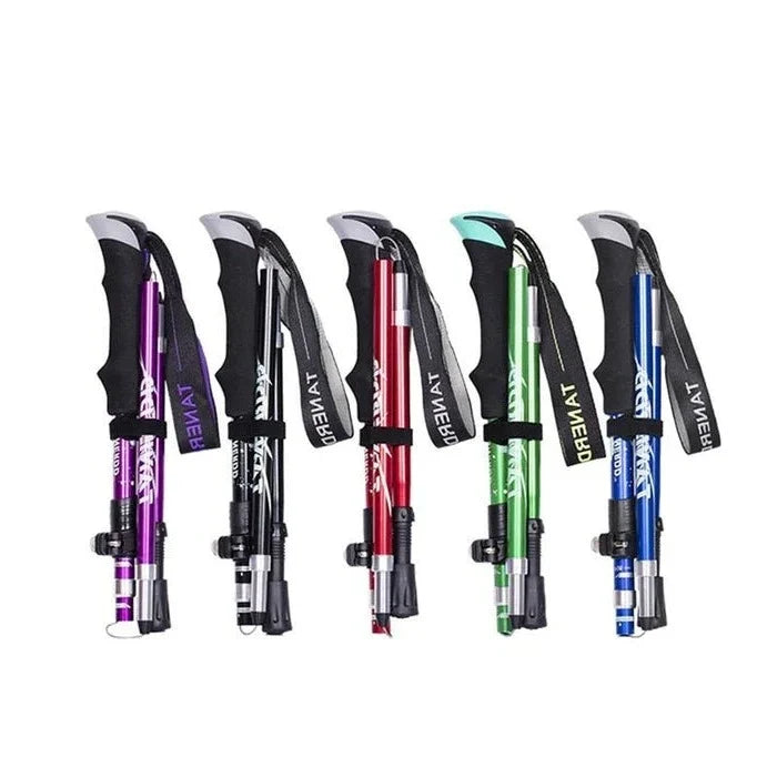 Unisex foldable trekking poles, lightweight & durable for hiking, camping, and trail walking.