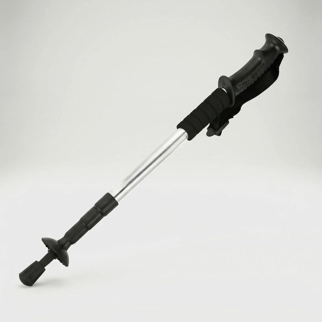 Sturdy folding 4-section trekking pole for mountaineering, hiking, and challenging outdoor terrain support.