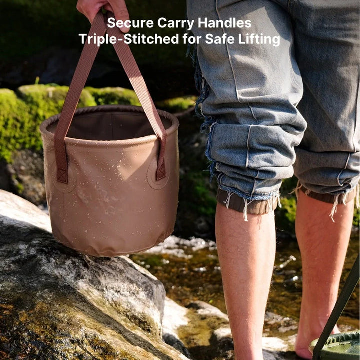 Heavy-duty outdoor water bucket, collapsible design, essential camping storage for adventurers