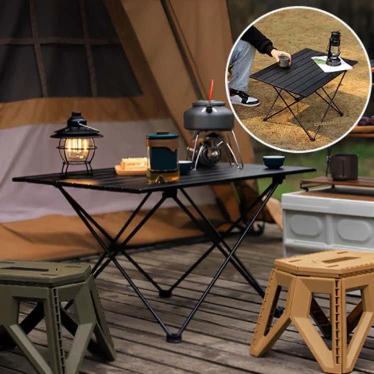 Compact aluminum folding table for camping, featuring convenient under-table storage