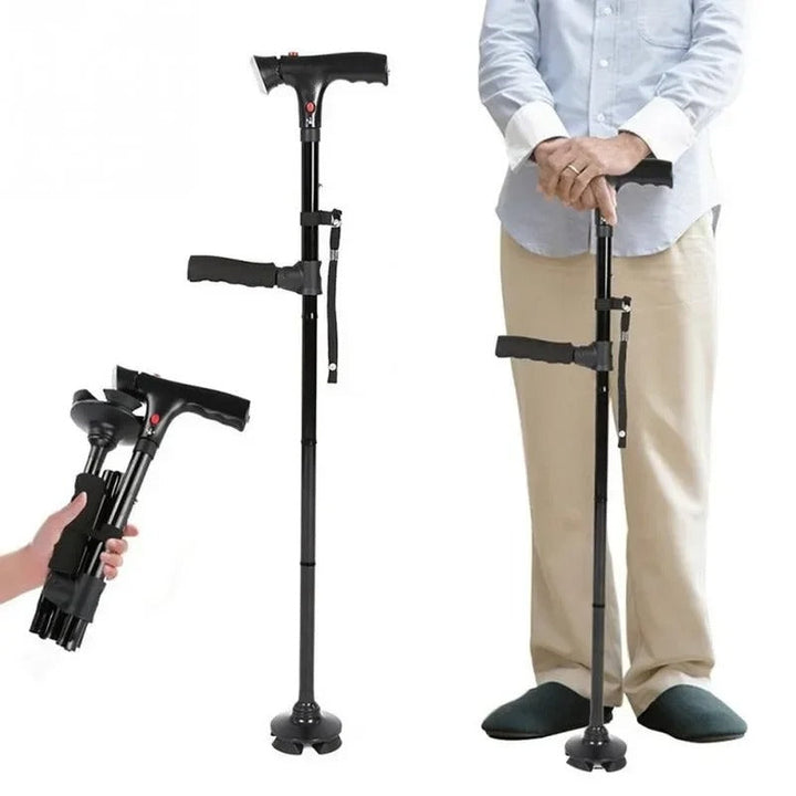Unisex folding walking cane with dual handles, LED light, and alarm for enhanced mobility and safety.