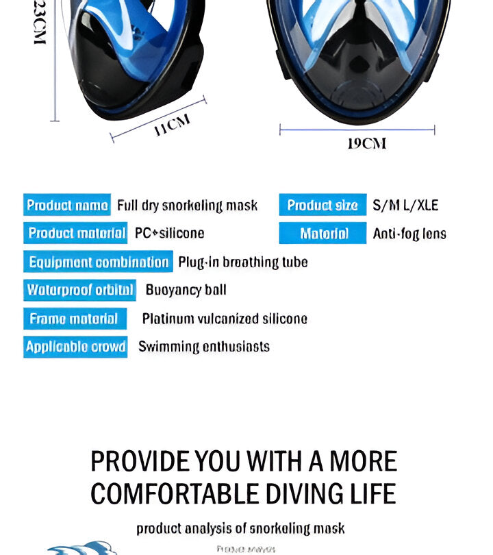 Integrated snorkel full face diving mask, anti-fog, offering a wide view for ocean discovery.