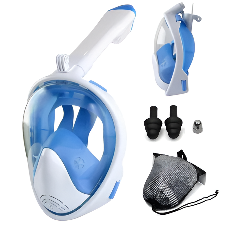 Adult diving mask, full face design, anti-fog for clear vision during underwater activities.