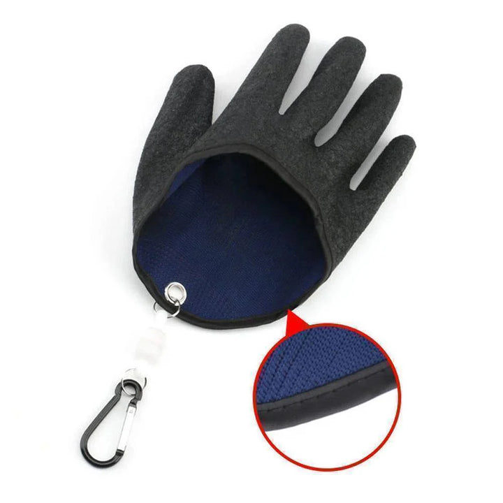 Back view of full finger fishing gloves, highlighting magnet release and protective material
