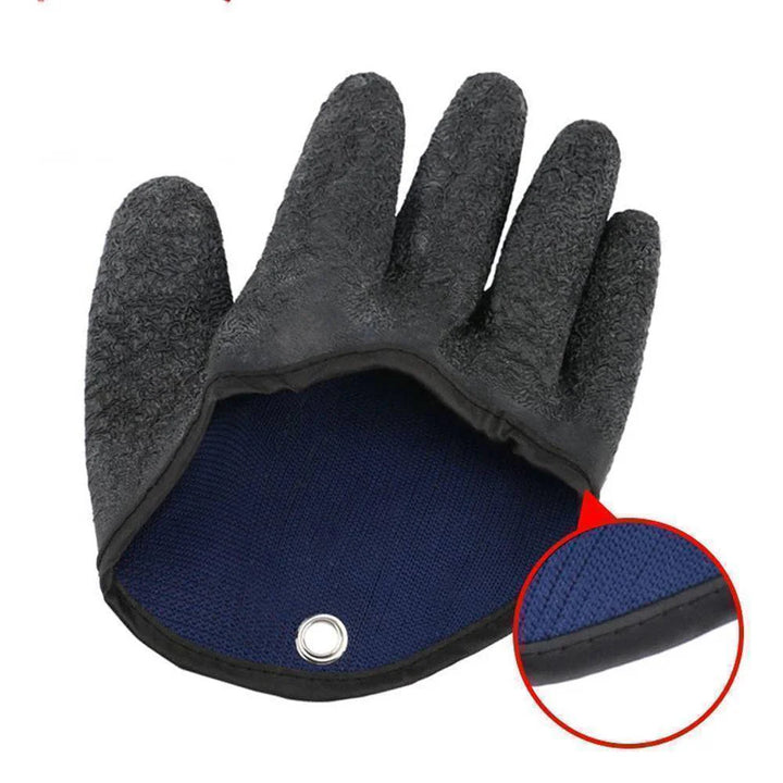 Detailed shot of anti-slip palm on full finger fishing glove, with magnet release strap