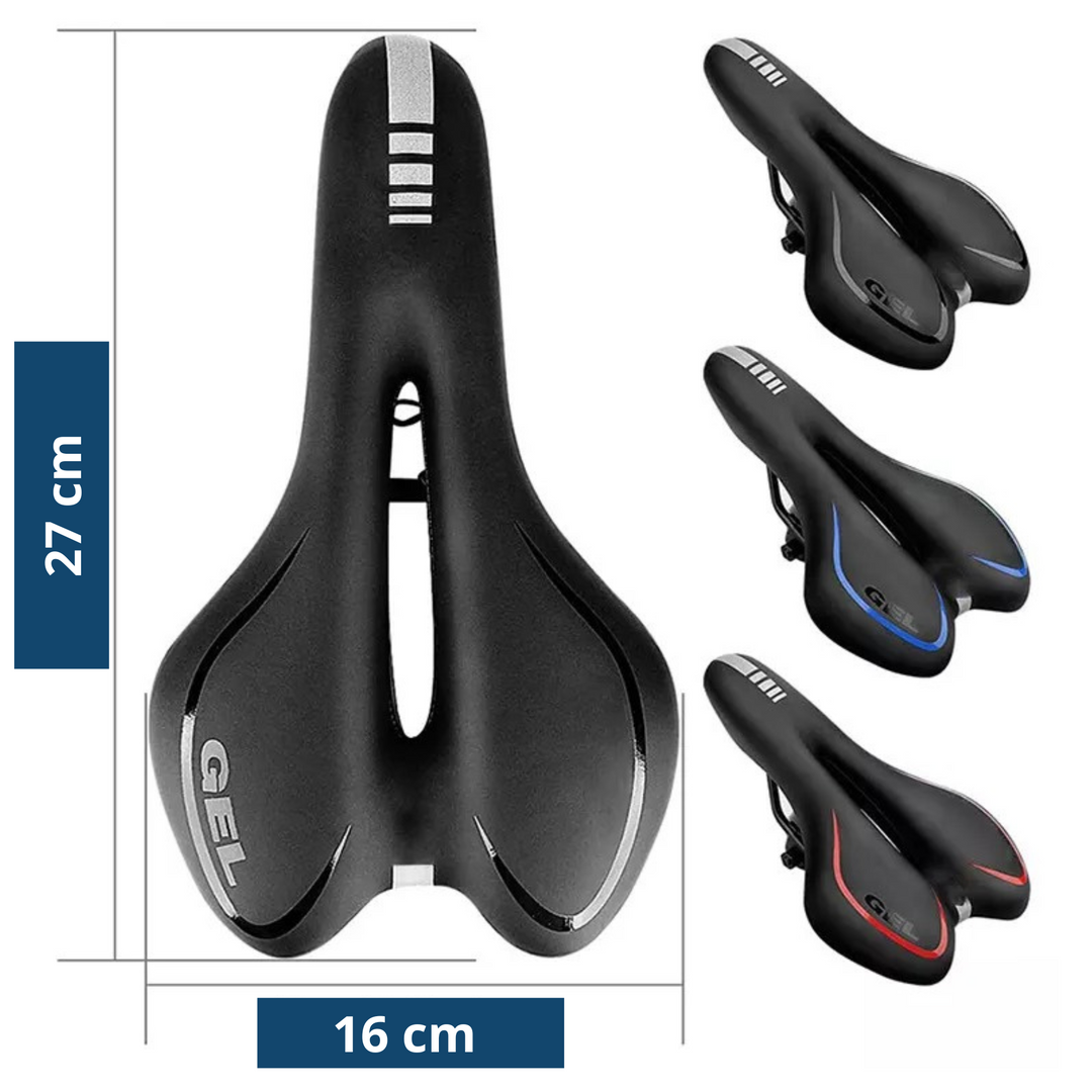 Unisex gel bicycle saddle shown on a road bike, illustrating perfect fit and enhanced comfort.