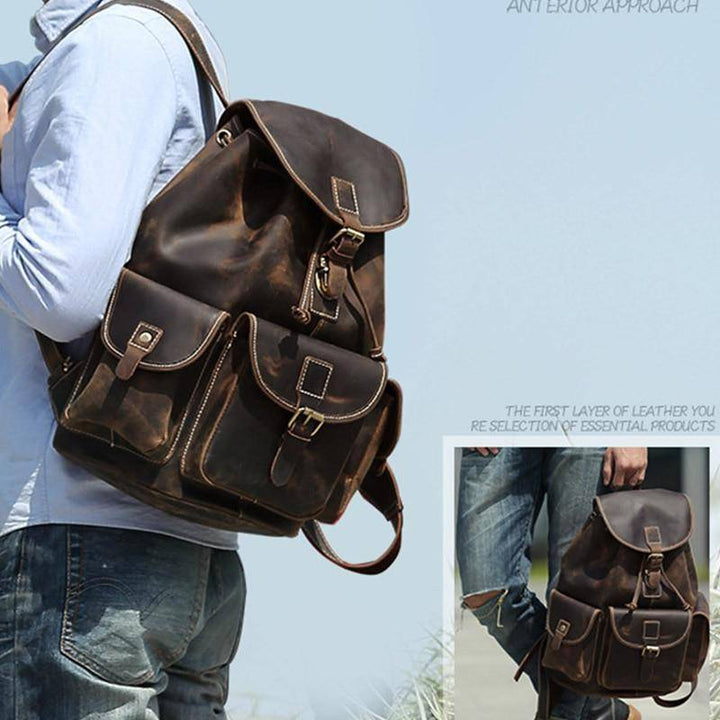 Unisex genuine leather thick backpack for outdoor activities, camping, and hiking, front view