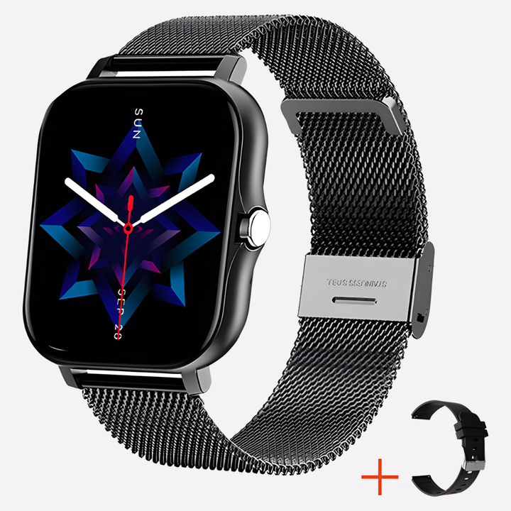 Unisex digital smartwatch with SOS for enhanced connection. Available in gold, silver, black, & pink for safety.