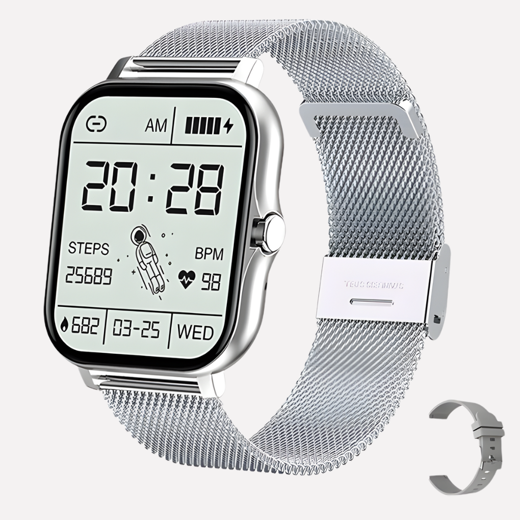 Stylish unisex smartwatch with GPS tracker & SOS alert in a gold finish. Essential wearable tech for safety & connectivity.