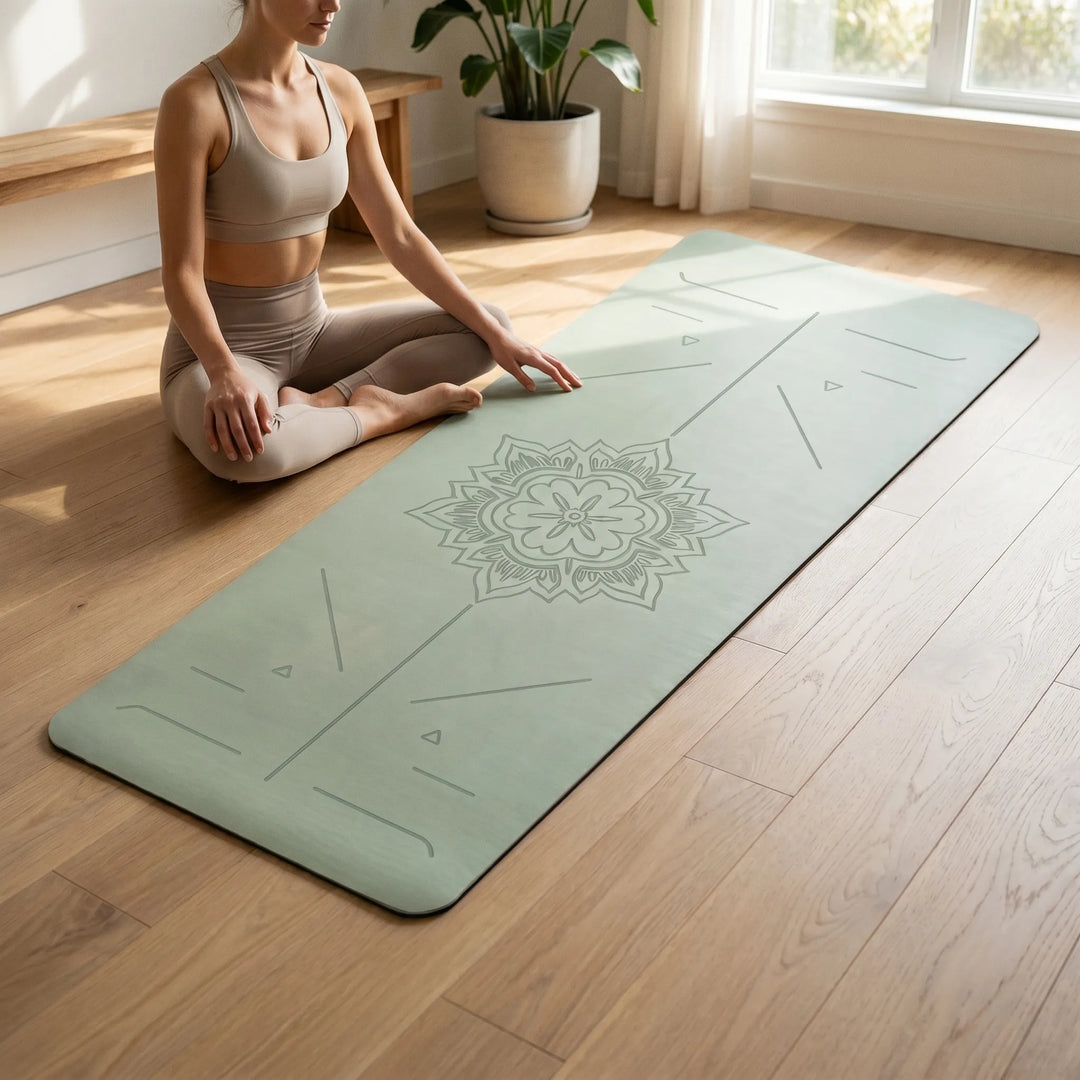 Unisex guided alignment yoga mat for enhanced practice, fitness & joint support.
