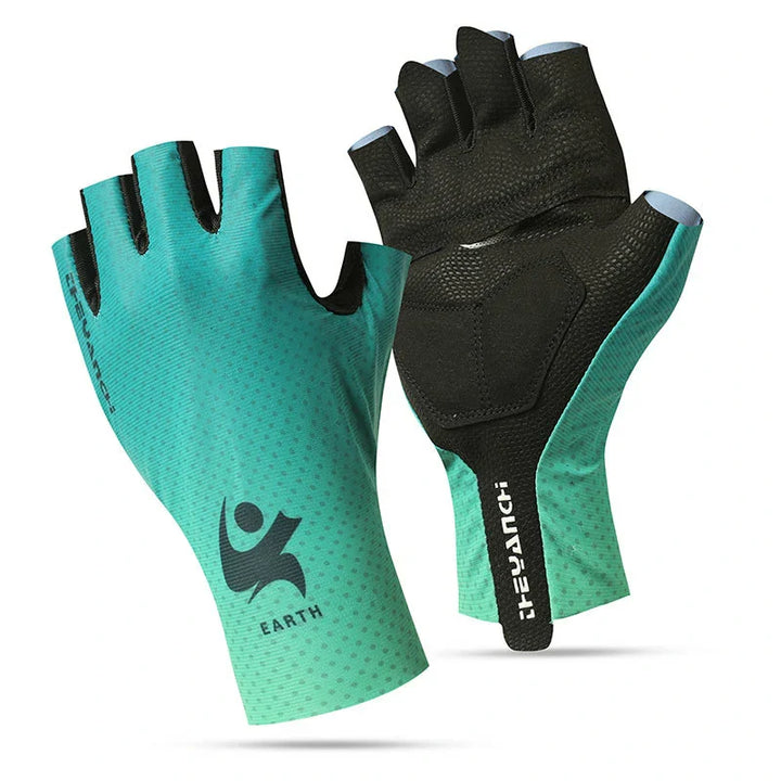 Technical half-finger bike gloves, shock absorbing for reduced hand fatigue on trails.
