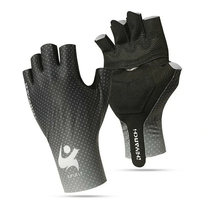 Stylish black half-finger cycling gloves, unisex, with features for grip and impact reduction.