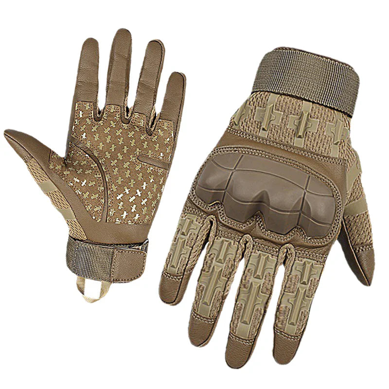 Close-up of black unisex tactical gloves showing hard knuckle armor and textured palm grip