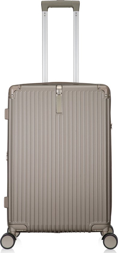 Front view of durable unisex hard shell smart suitcase with USB & cup holder, ready for your next adventure.