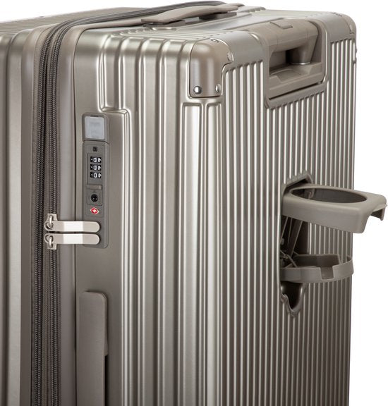 Travel-ready smart hard shell suitcase with USB charging, cup holder & smooth spinner wheels for easy navigation.