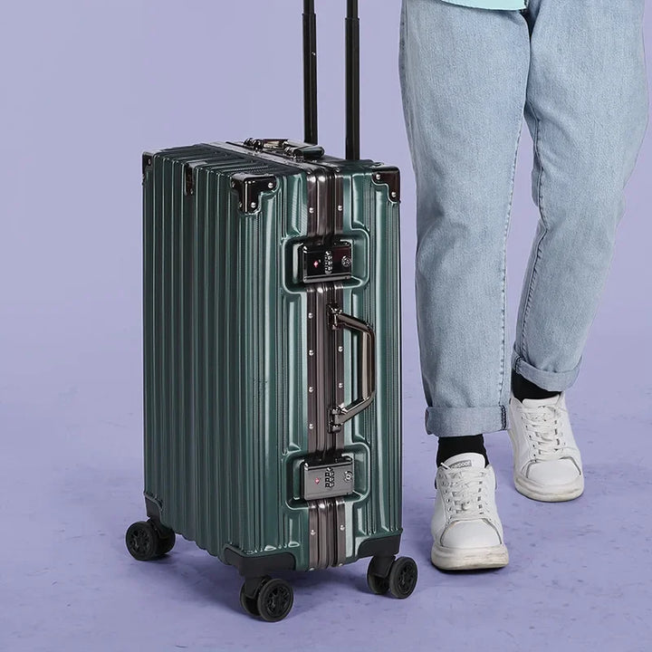 Hard shell suitcase, highlighting its robust construction & secure locking mechanism for worry-free travel.