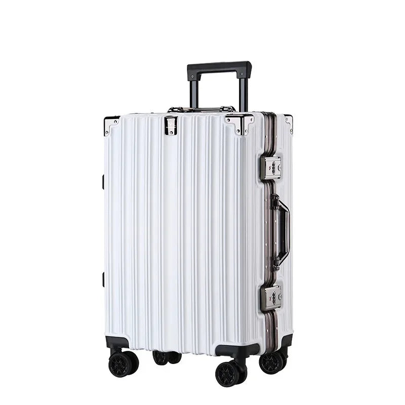 Traveler effortlessly pulling a wheeled hard shell luggage with secure lock. Ideal for vacation.