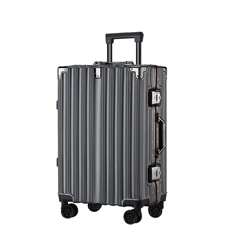 Impact-resistant hard shell and reinforced aluminum frame of a secure, durable travel suitcase.