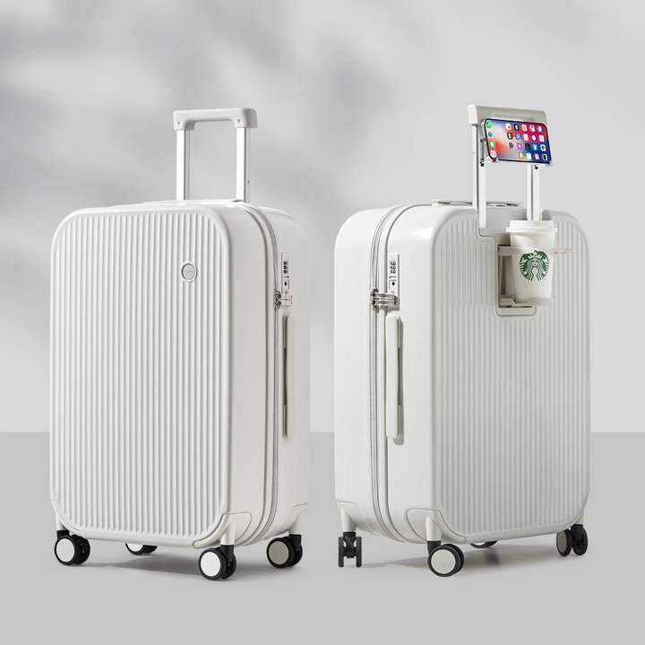 Tough hard-shell luggage for any trip, lightweight yet durable, with external cup & phone holders for convenience.
