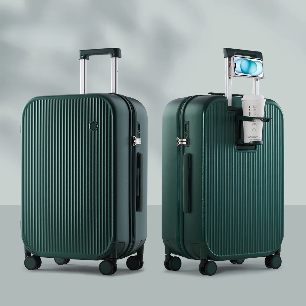 Premium hard-shell suitcase, offering dedicated cup & phone holders, spinner wheels, perfect for modern travel.
