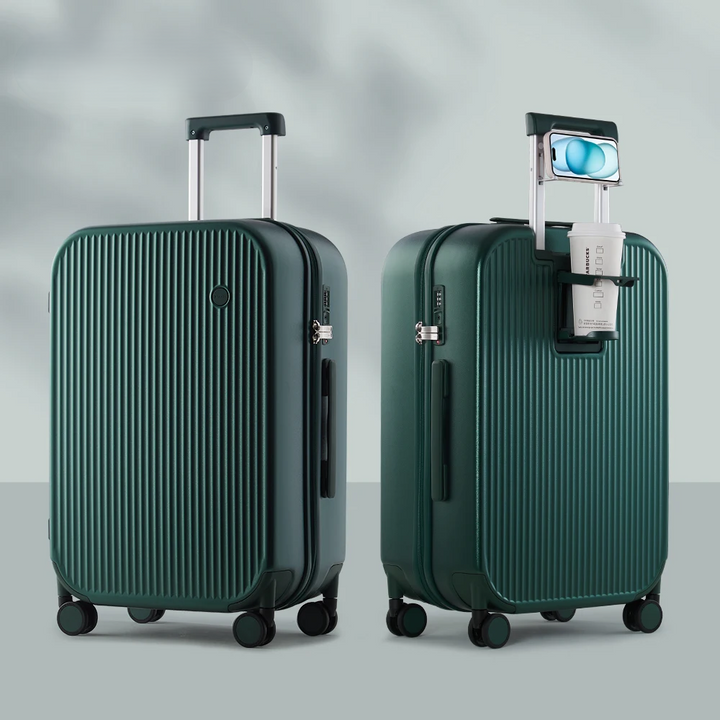 Premium hard-shell suitcase, offering dedicated cup & phone holders, spinner wheels, perfect for modern travel.
