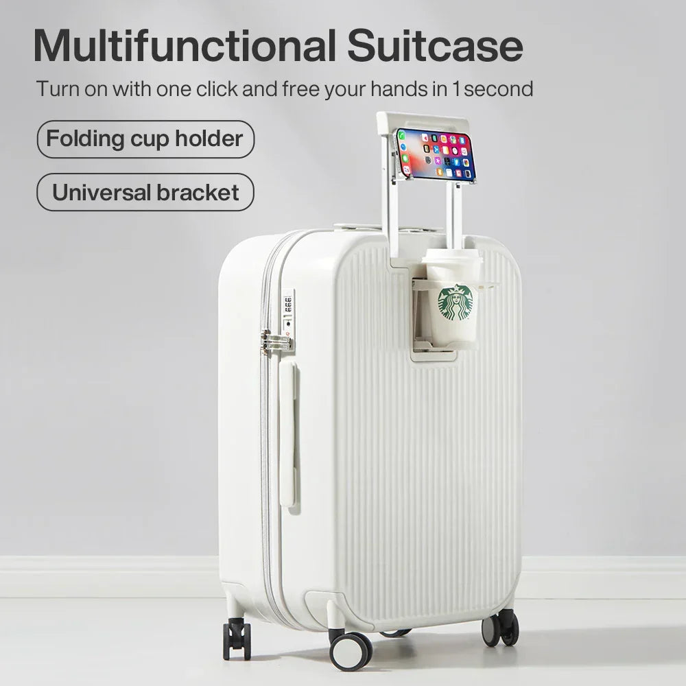 Modern hard-shell suitcase, compact design with integrated cup & phone holders for hands-free travel.