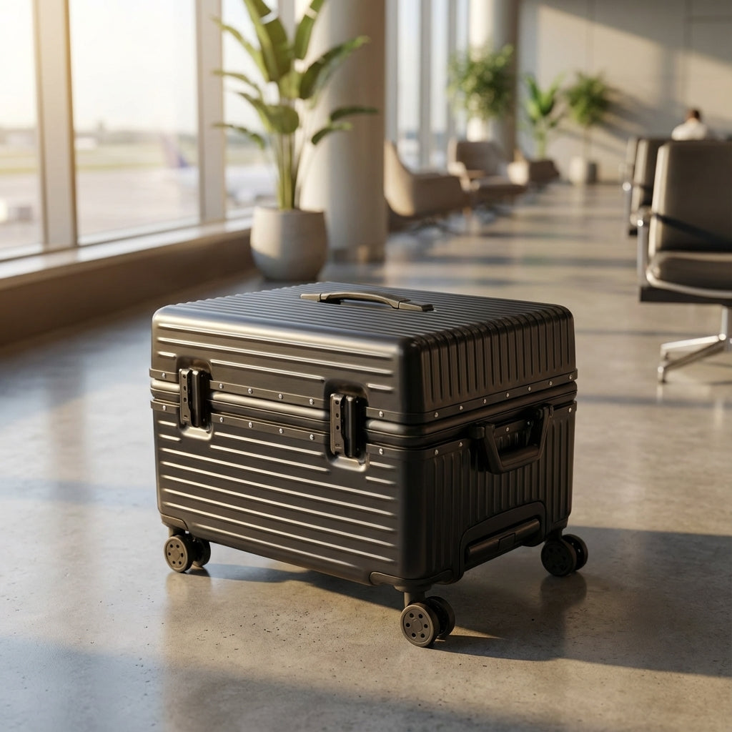 Unisex hardshell carry-on luggage with durable ABS PC shell, aluminum frame, and smooth spinner wheels for easy travel.