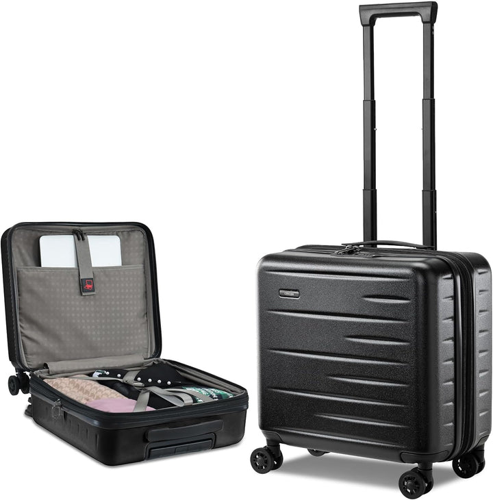 Smart unisex hardshell carry-on luggage featuring a front pocket, TSA lock & durable spinner wheels.