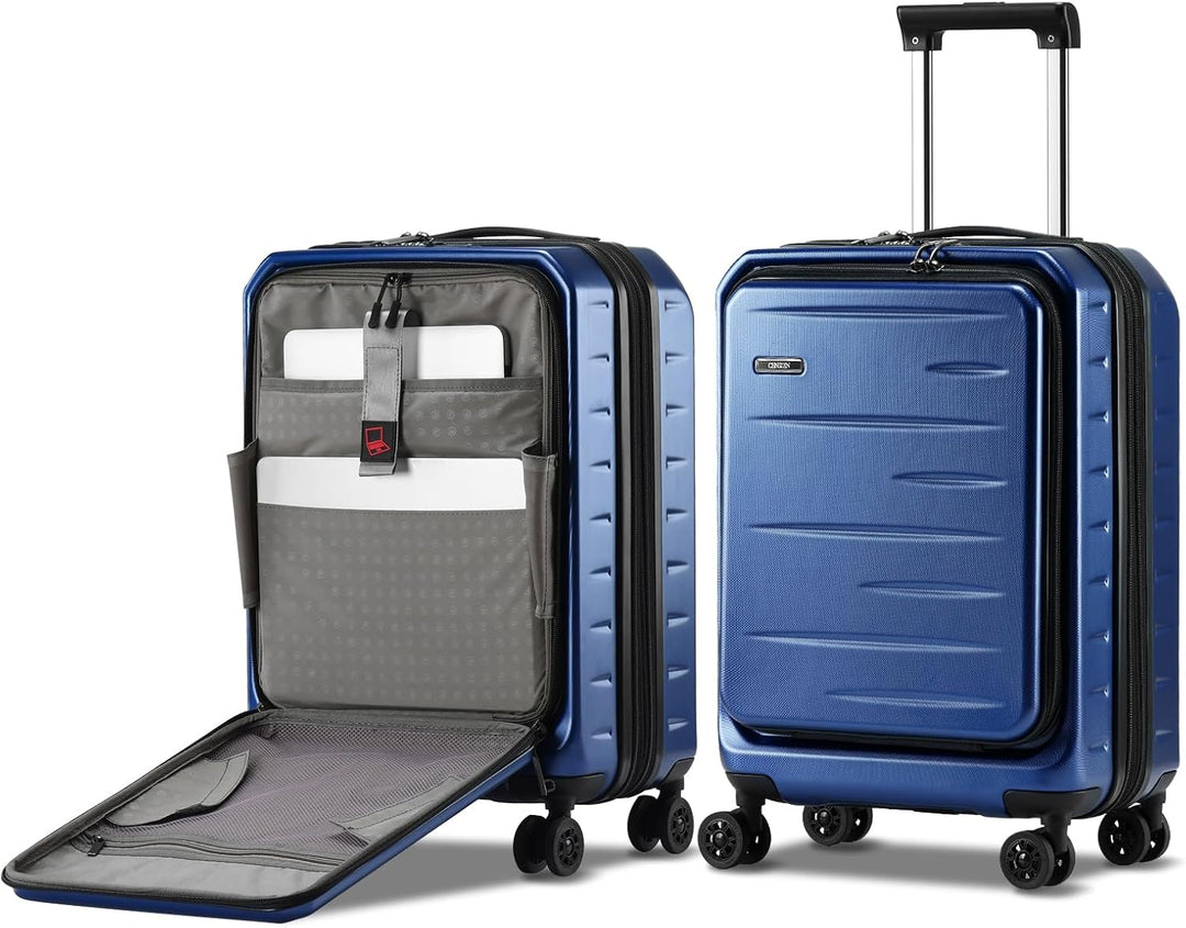 Efficient unisex hardshell carry-on for compact travel, with front pocket & secure TSA lock.