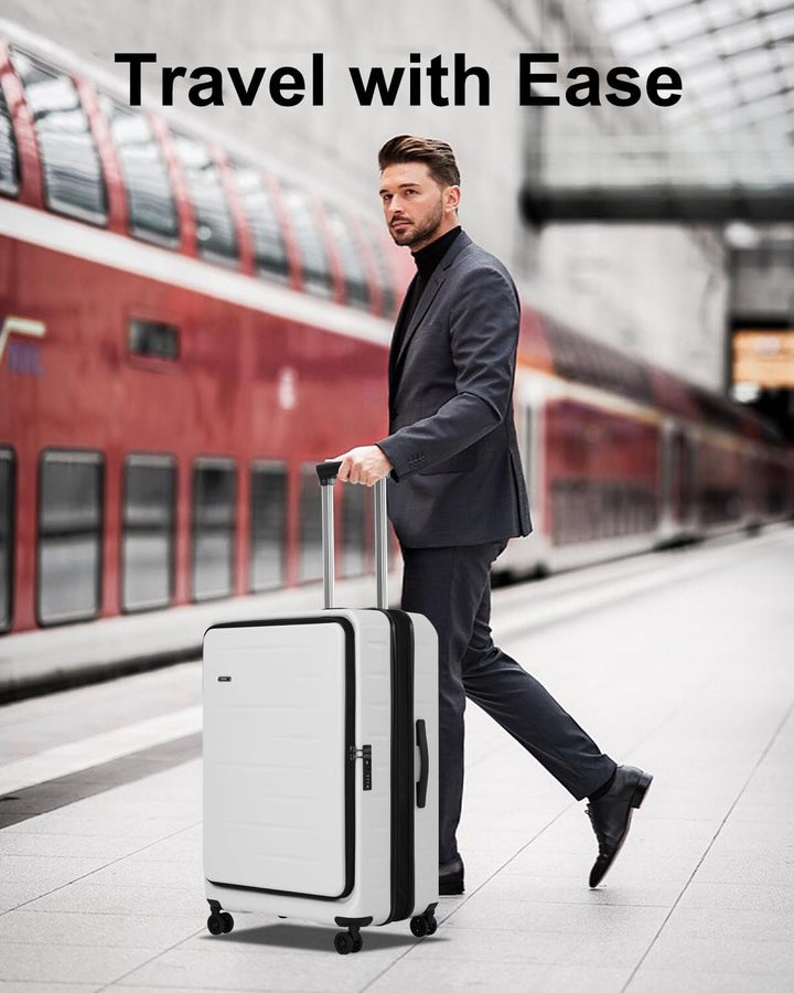 Expandable hardshell carry-on suitcase, perfect for unisex use, with front pocket & TSA lock.