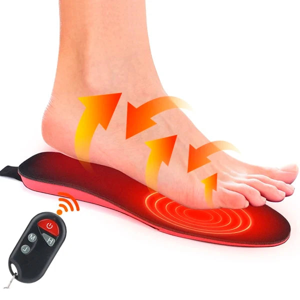 Unisex heated rechargeable shoe insoles with remote control for ultimate foot warmth. Perfect for cold weather.