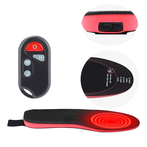 Pair of flexible heated insoles, rechargeable and remote-controlled for custom warmth in any shoe.