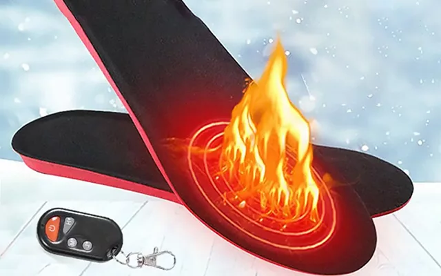 Rechargeable shoe insoles for warmth. Unisex foot warmers with adjustable heat, ideal for winter outdoor gear.