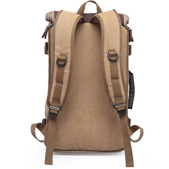 Front view of a rugged canvas backpack, great for travel, hiking, and camping trips.