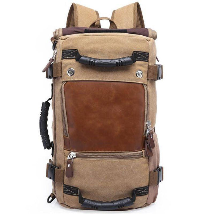 Unisex heavy-duty backpack showing side pockets, suitable for adventure, travel, and camping.