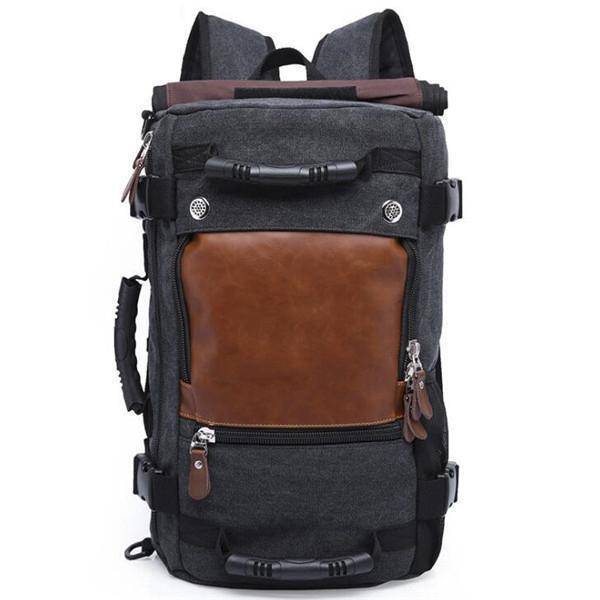 Top-down view of an open canvas backpack, ready for camping, hiking, and adventure gear.
