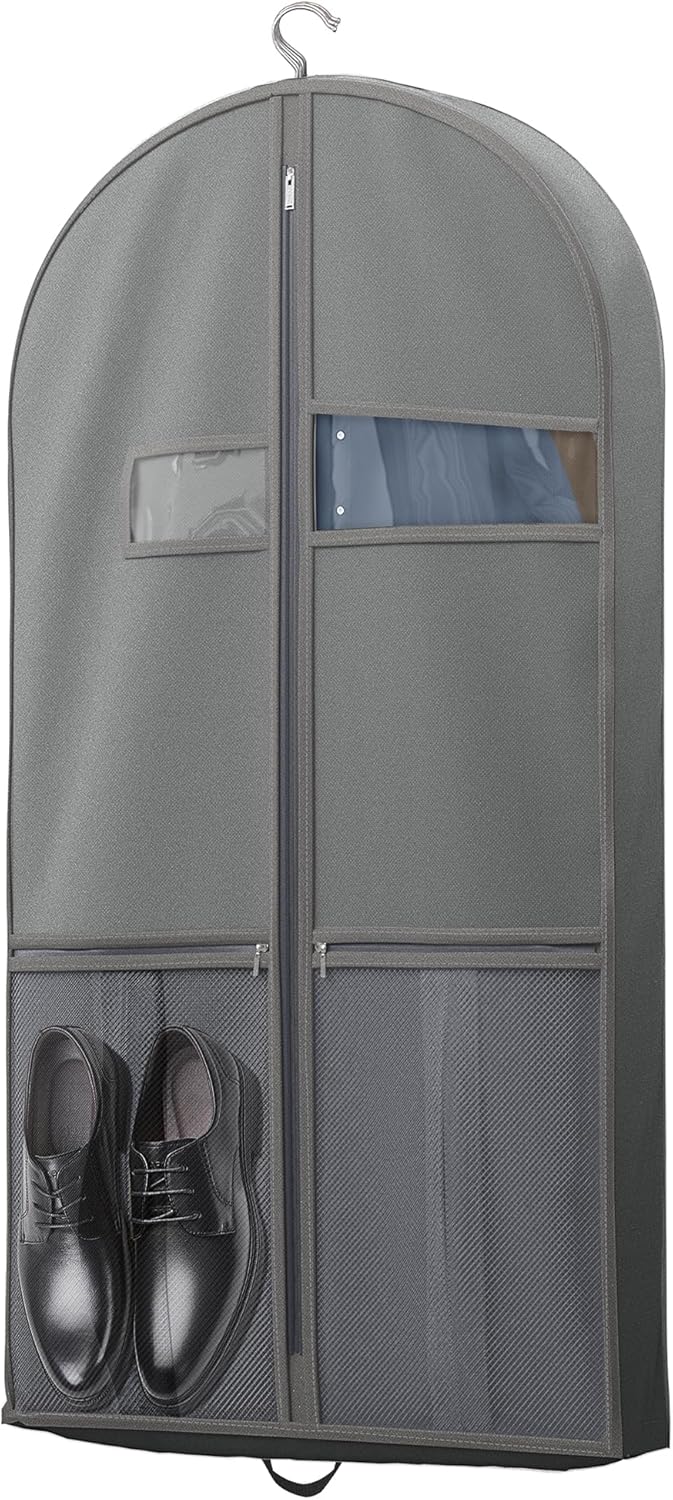 Two heavy-duty travel garment bags (1+1 FREE), clear window, pockets for organized packing.