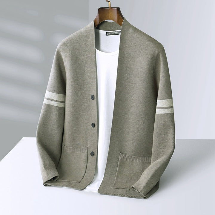 Soft & premium heritage knit cardigan, a striped unisex button-up for versatile comfort and elegant layering.