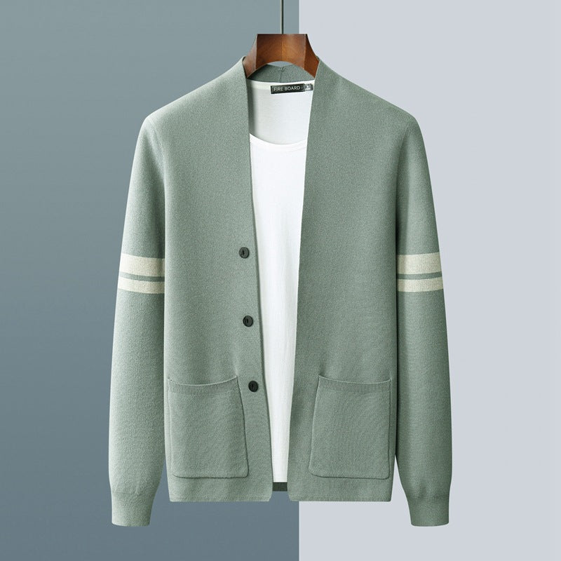 Soft knit unisex premium cardigan with heritage stripes & button closure, perfect for stylish layering.