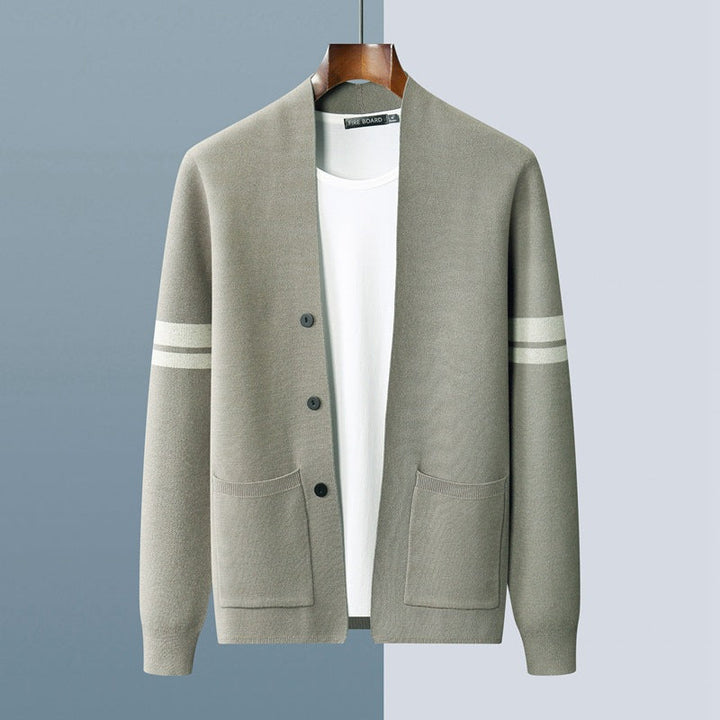 Premium heritage knit cardigan for unisex comfort, featuring classic stripes & a button-up front.