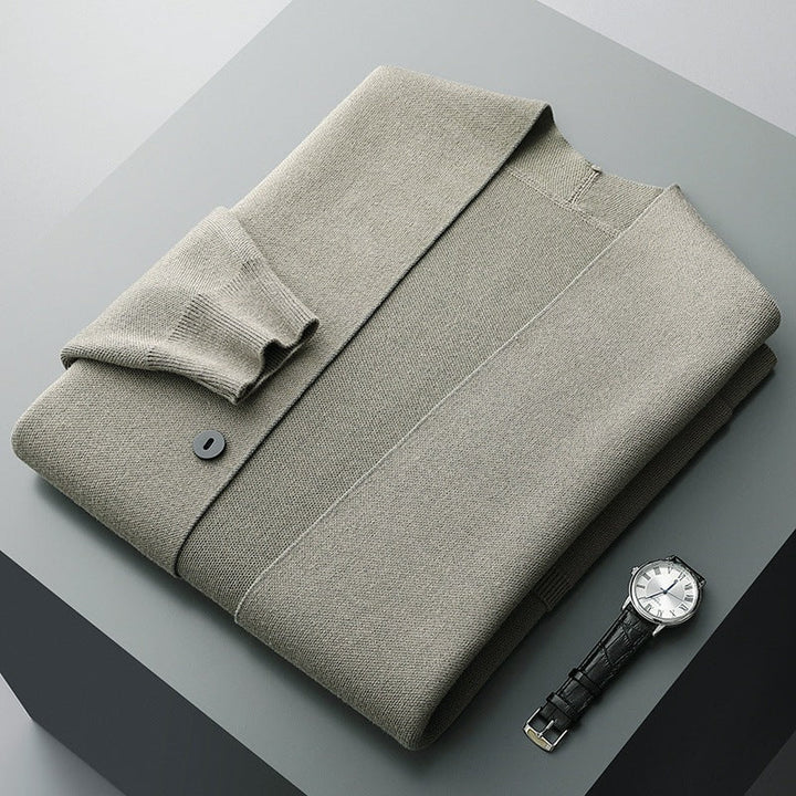 Layering comfort: a premium unisex button-up cardigan with classic heritage stripes, ideal outerwear.