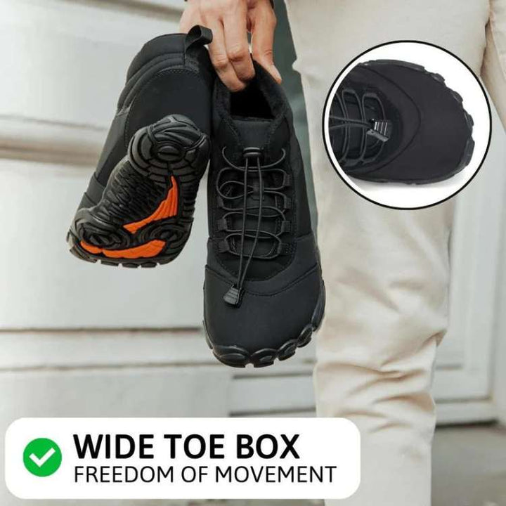 Side view of unisex high-top barefoot trail shoes, emphasizing ankle support and flexible fit