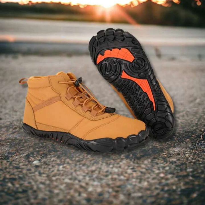 Unisex high-top barefoot shoes, brown, against a natural outdoor background, ready for hiking