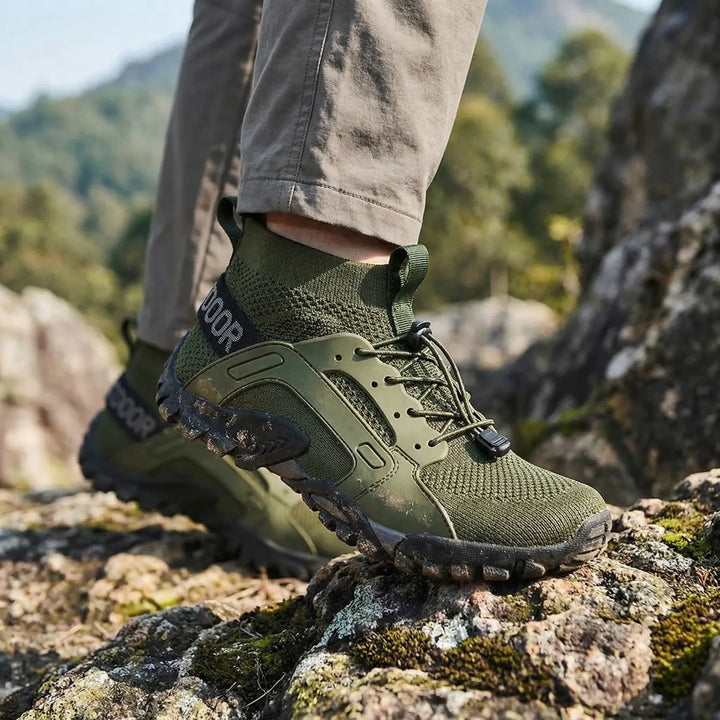 Unisex high-top breathable trail running & hiking shoes. All-terrain outdoor footwear for active adventures.