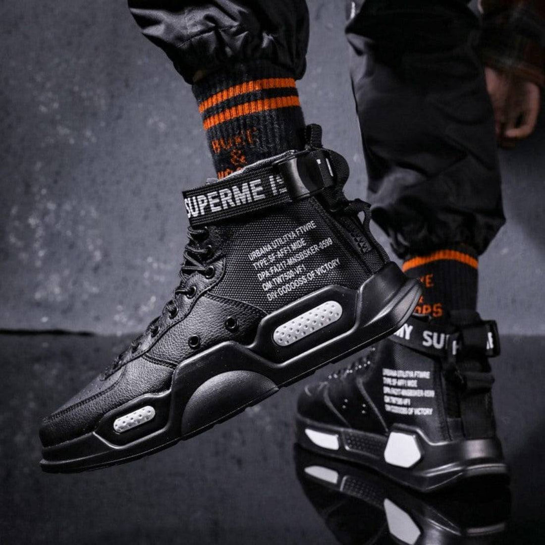 Unisex high top MTB cycling shoes, black with red accents, waterproof, for outdoor adventure