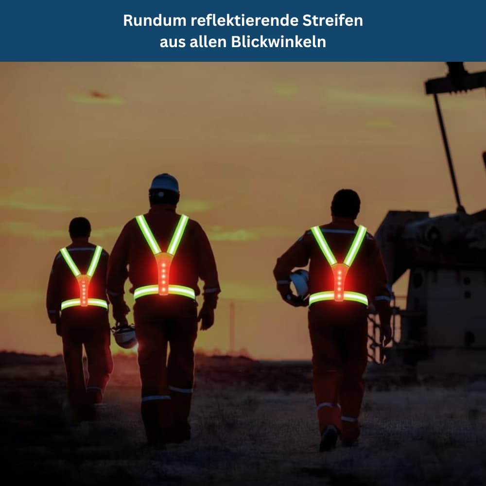 Person wearing a unisex high visibility LED safety vest while jogging, showcasing the reflective material and LED illumination