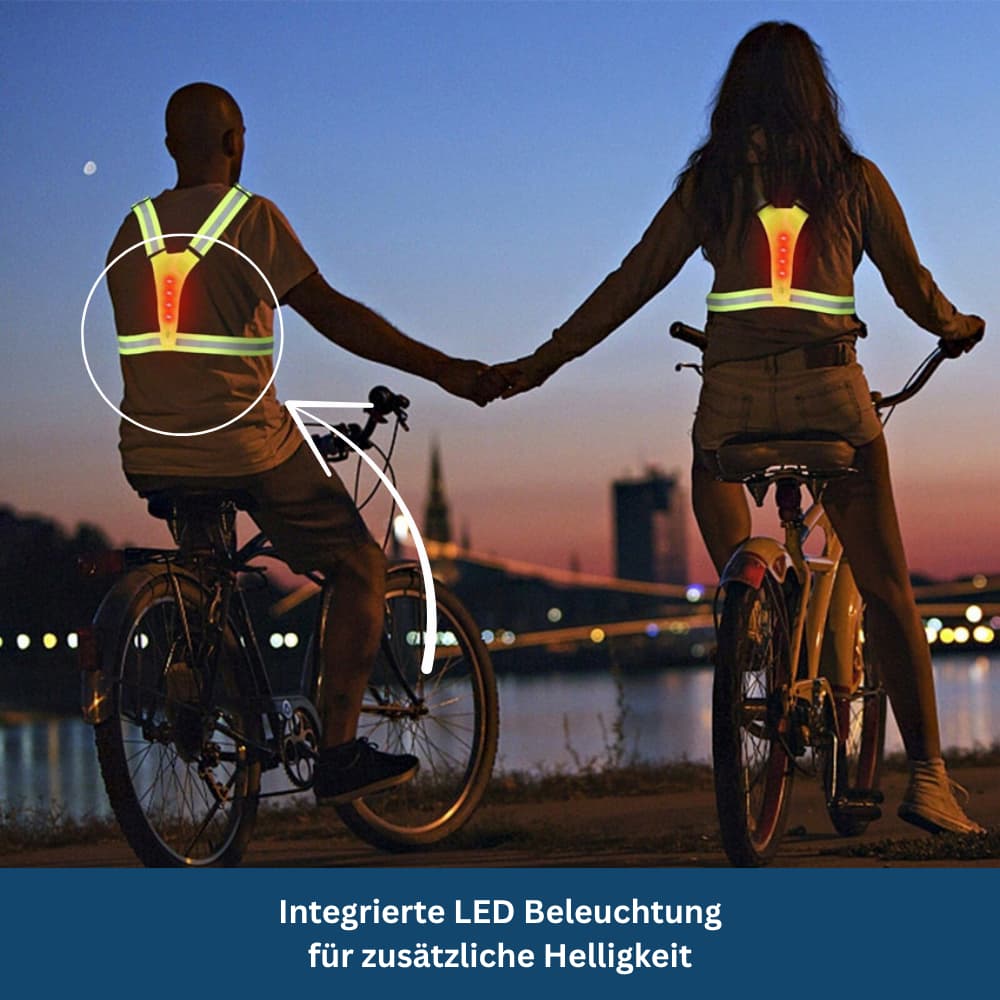 Unisex high visibility safety vest laid flat, highlighting its reflective bands and discreetly integrated LED lighting system